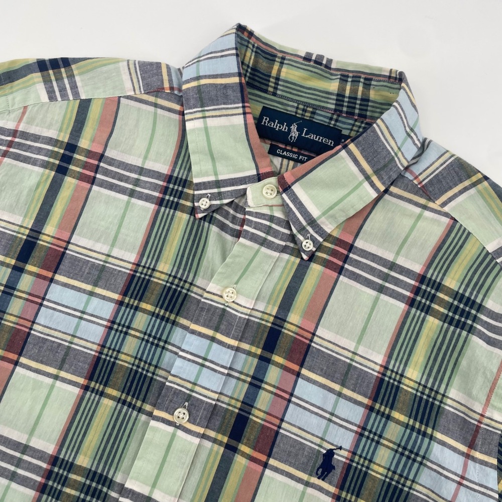 Ralph Lauren Button Down Shirt Mens L Green Plaid Short Sleeve Classic Fit Pony